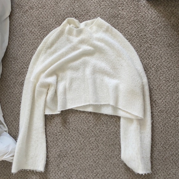 Cream mock neck cropped bell sleeve sweater - Picture 3 of 3
